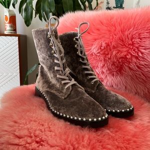 Stuart Weitzman Combat Boots Velvet with pearls size 7.5